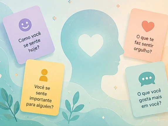 Cartas com perguntas sobre emoções ao redor da silhueta de uma pessoa